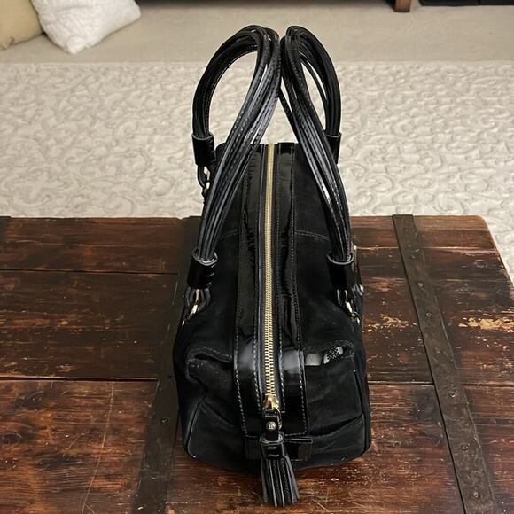 Kate Spade Black Suede and Patent Leather Vintage Satchel Handbag 12"x5"x7" - Picture 2 of 8